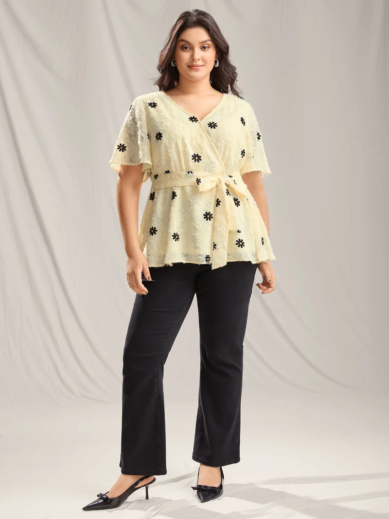 Textured Embroidery Surplice Belted Blouse