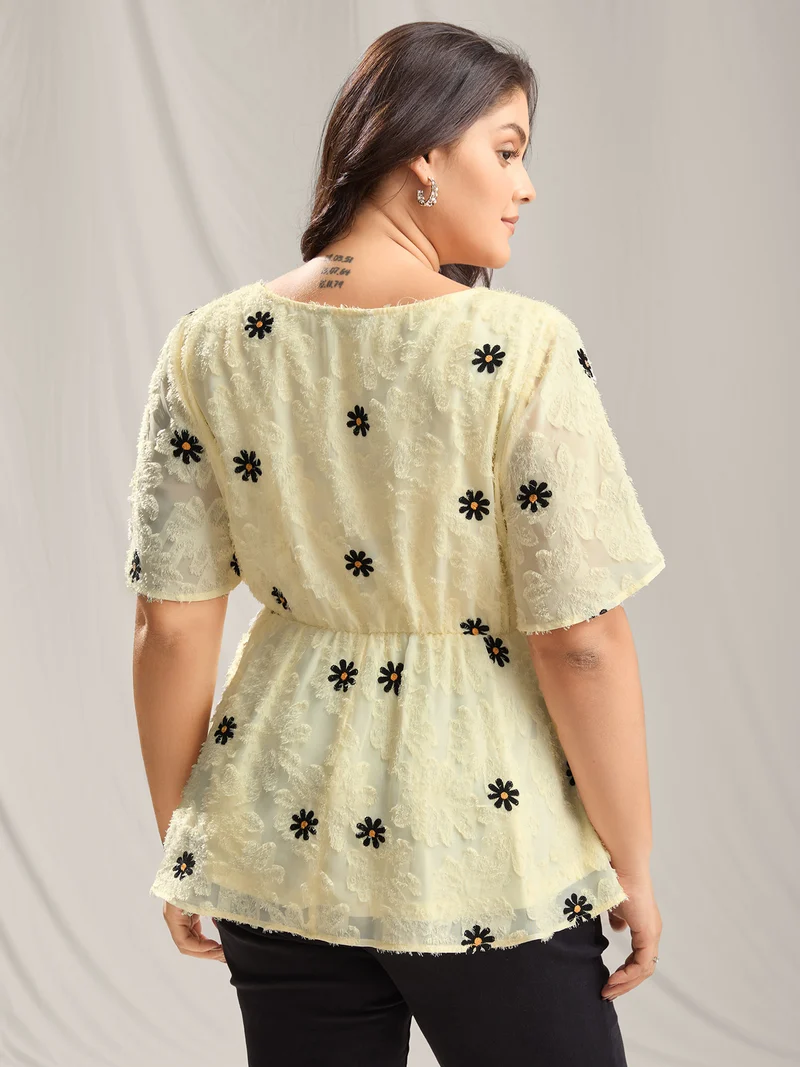 Textured Embroidery Surplice Belted Blouse