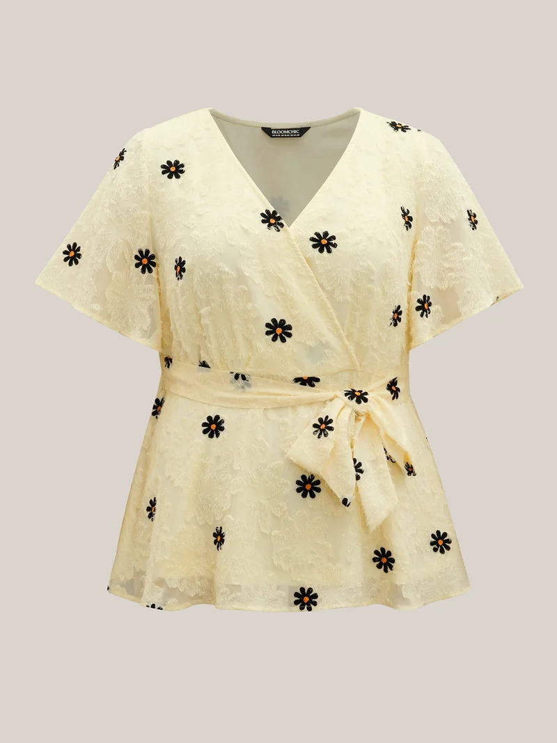Textured Embroidery Surplice Belted Blouse