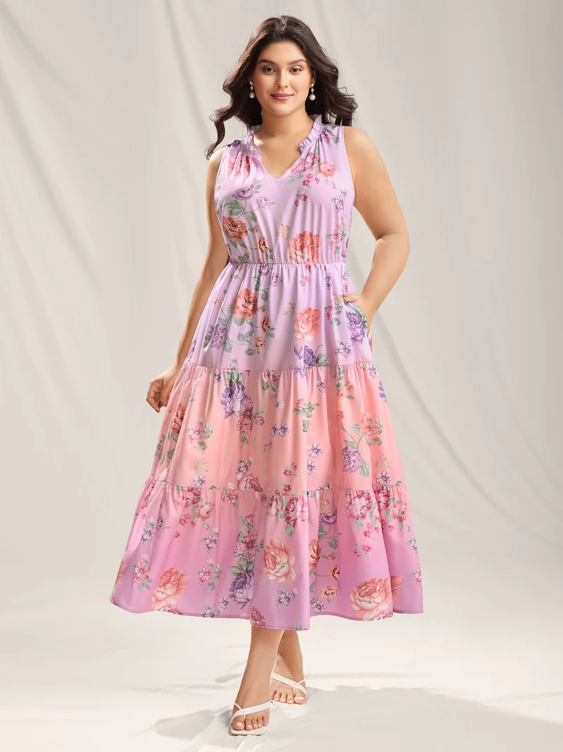 Floral Print Pockets Gradient Maxi Dress