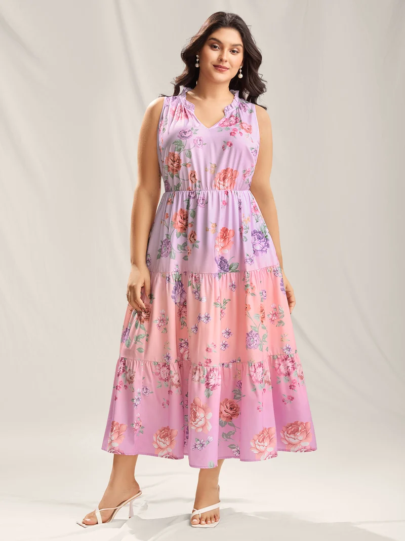 Floral Print Pockets Gradient Maxi Dress