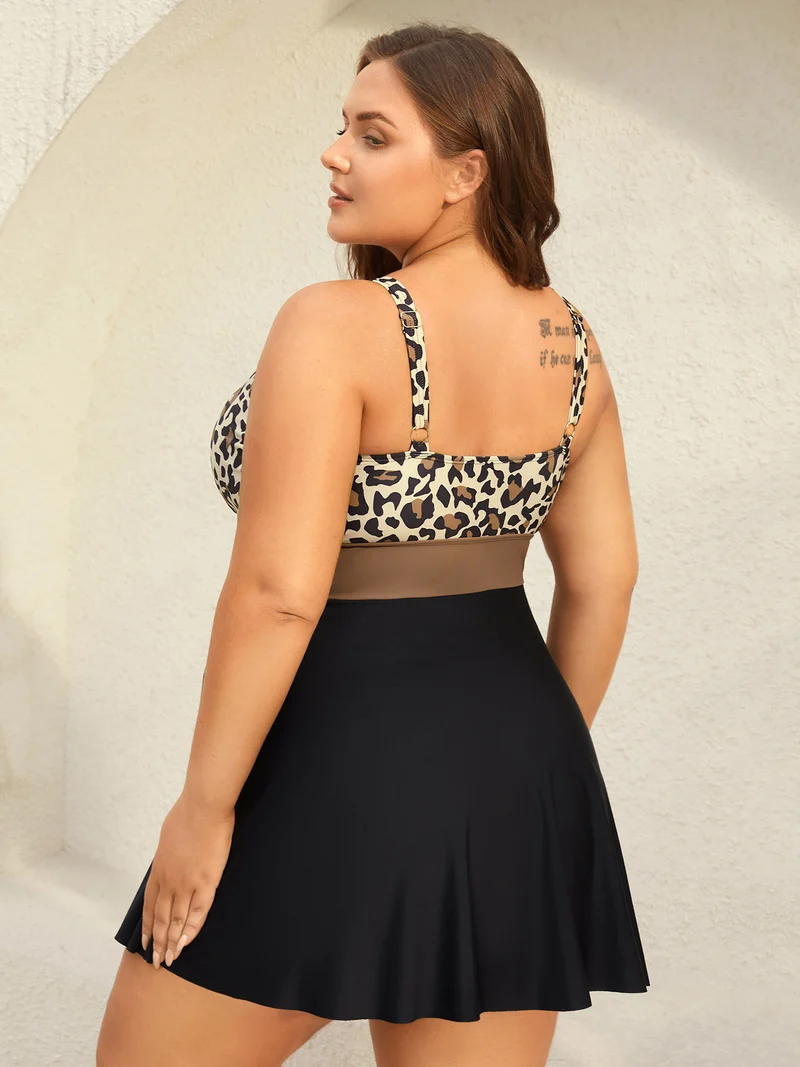 Leopard Print Color Block Swim Dress