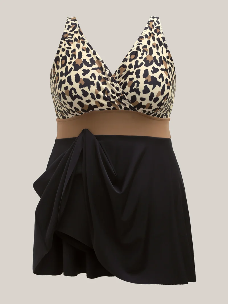 Leopard Print Color Block Swim Dress