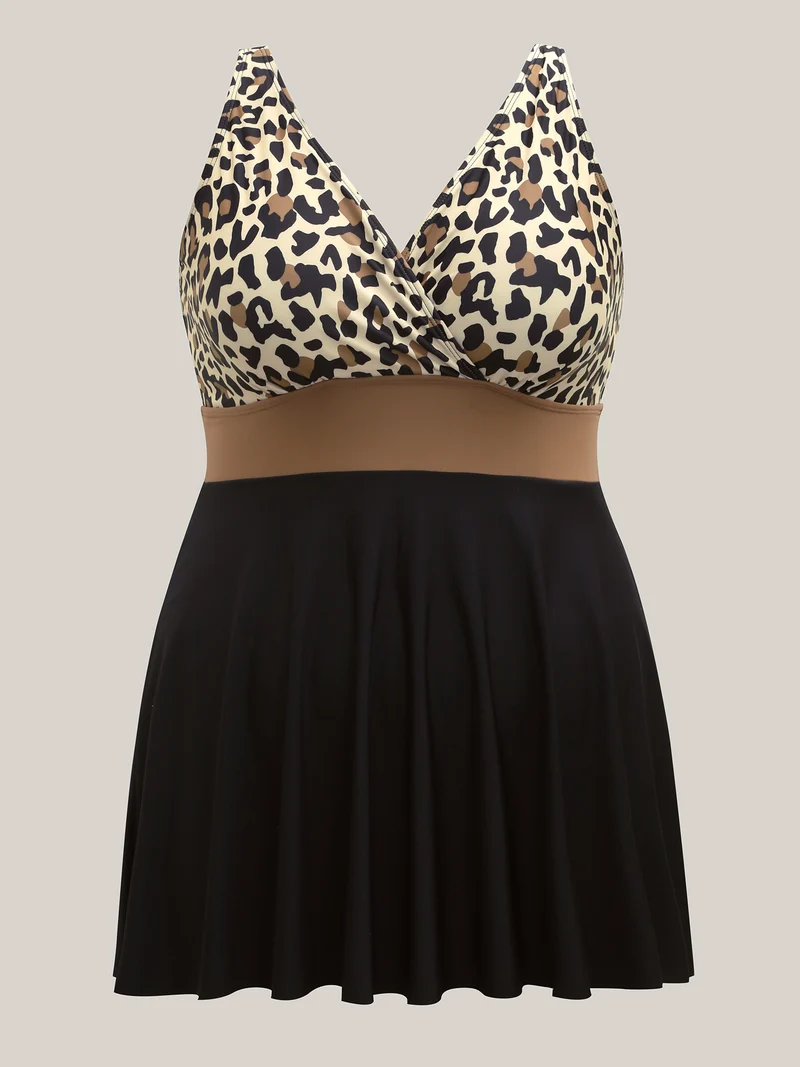 Leopard Print Color Block Swim Dress