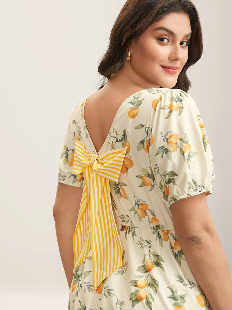 Citrus Print Bow Backless Midi Dress