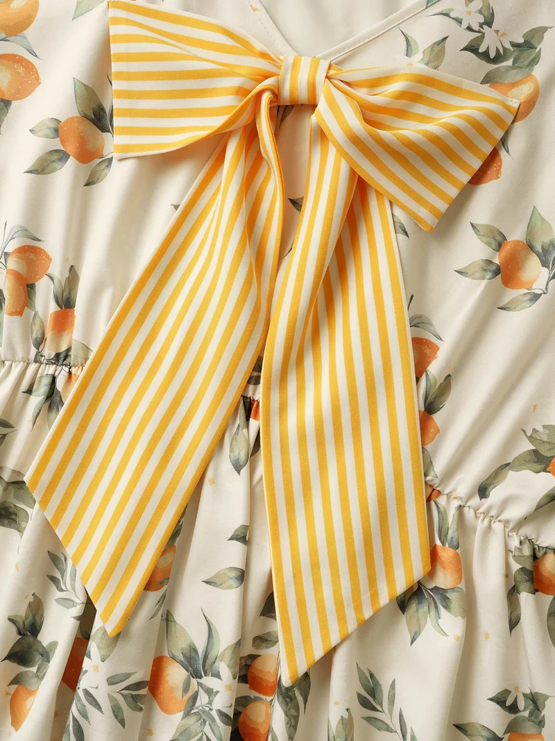 Citrus Print Bow Backless Midi Dress