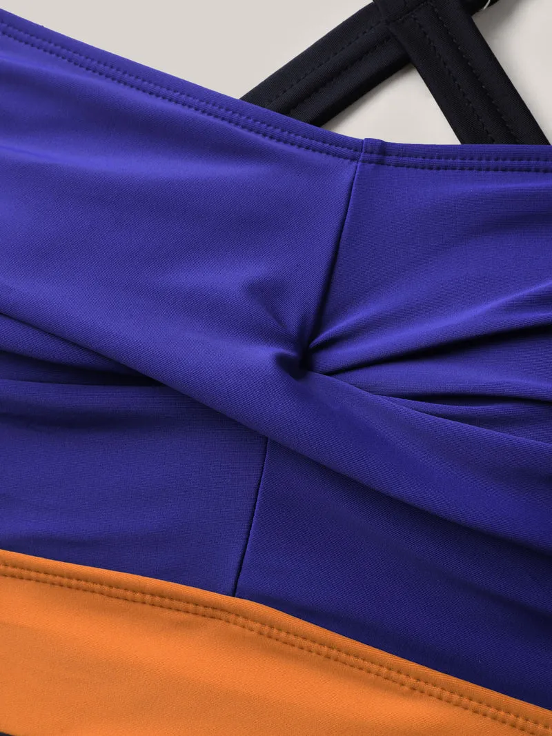 Twisted Front Color Contrast One-Piece Swimsuit