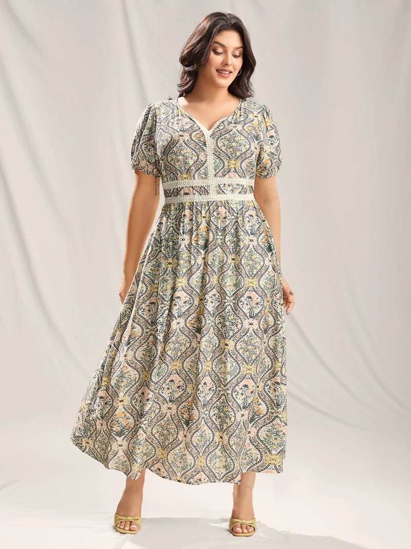 Ornate Print Lace Neck Midi Dress