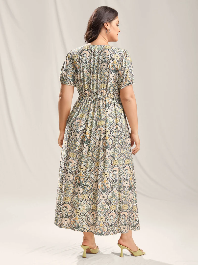 Ornate Print Lace Neck Midi Dress