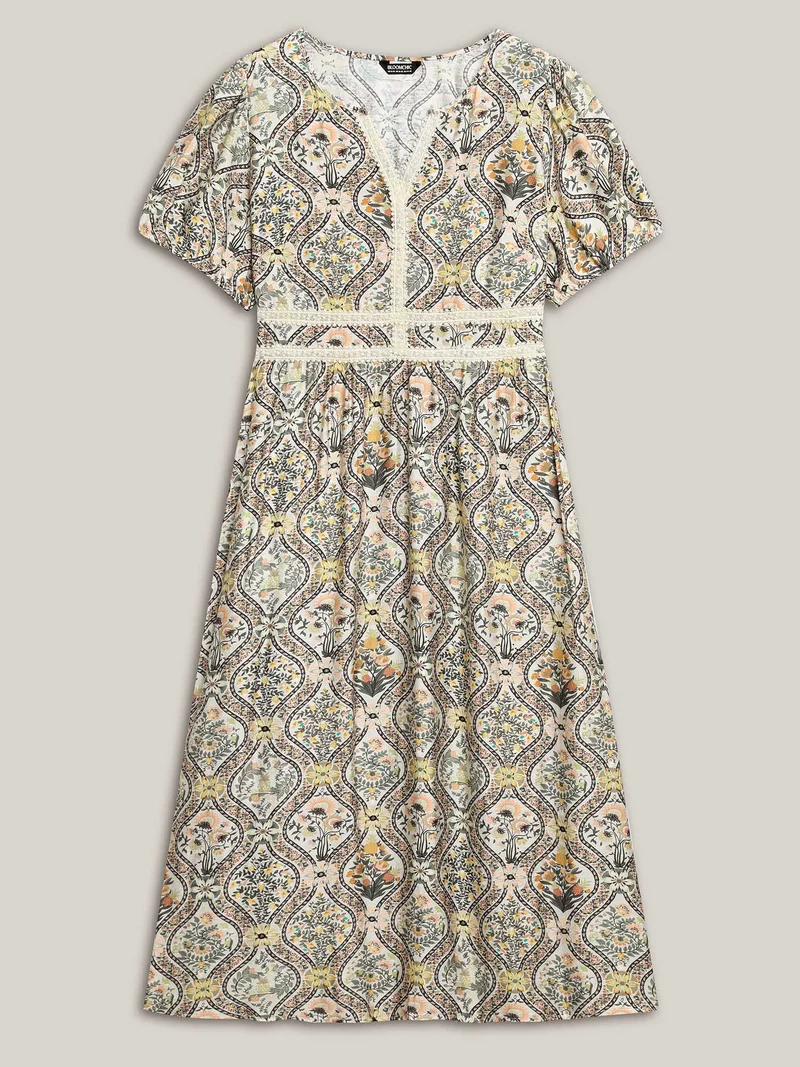 Ornate Print Lace Neck Midi Dress
