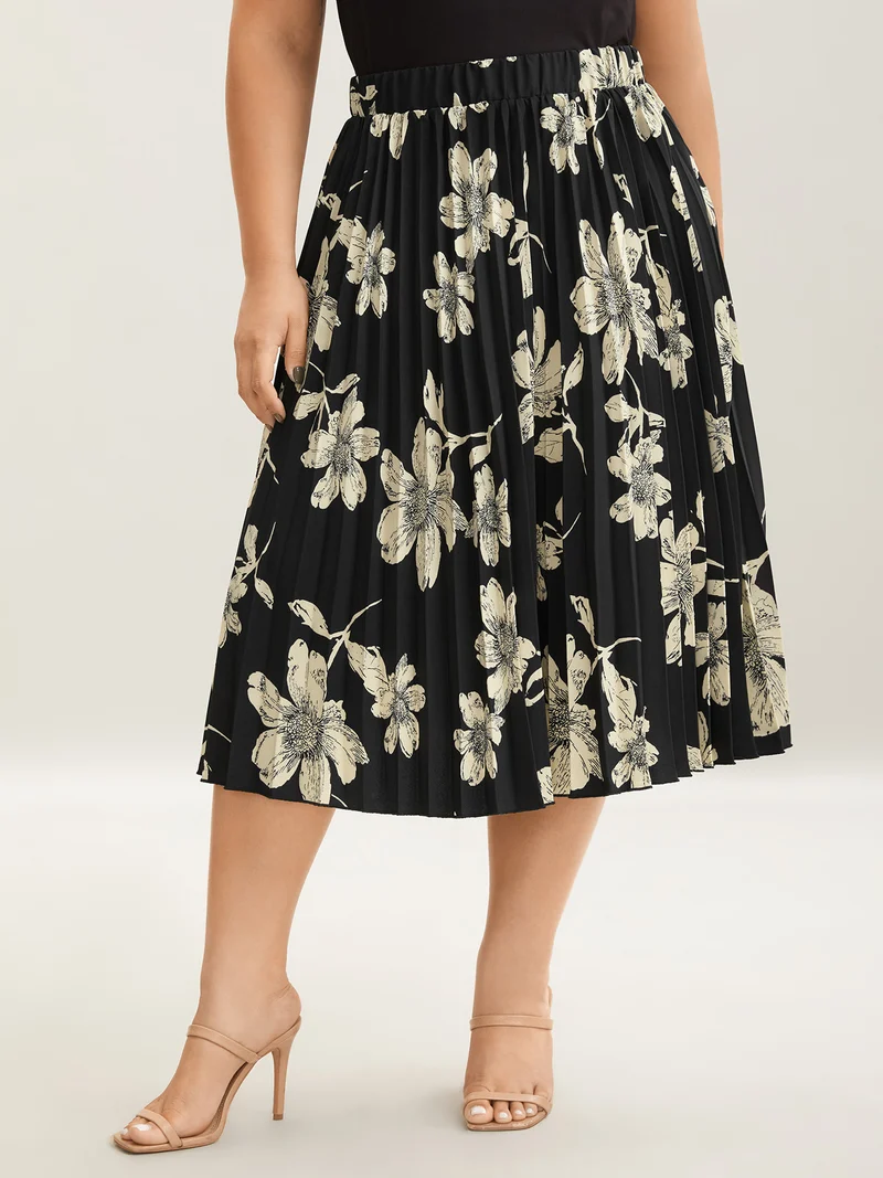 Large Flower Print Pleated Maxi Dress