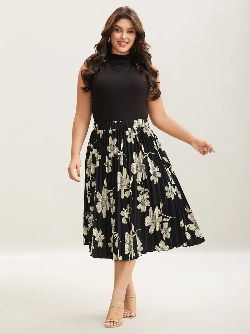 Large Flower Print Pleated Maxi Dress