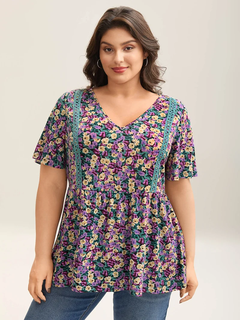 Floral Print Lace Trim Babydoll Top