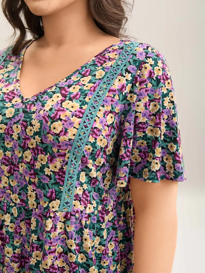 Floral Print Lace Trim Babydoll Top