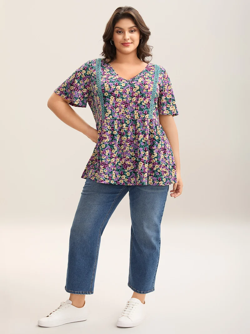 Floral Print Lace Trim Babydoll Top