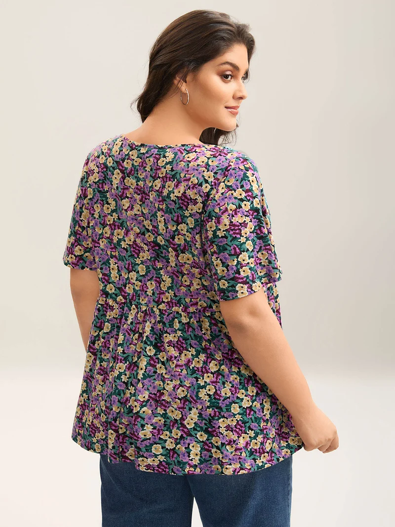 Floral Print Lace Trim Babydoll Top