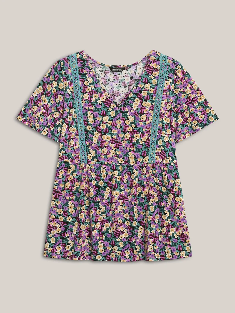 Floral Print Lace Trim Babydoll Top