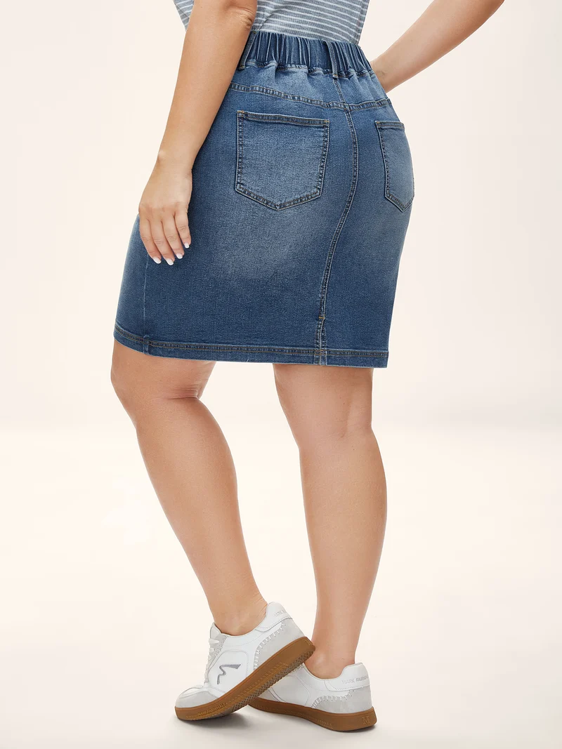 Stretchy Waistband Pull-On Denim Skirt