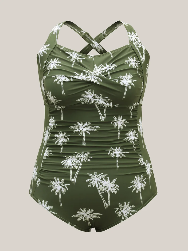 Twist Front Tropical Print One-Piece Swimsuit