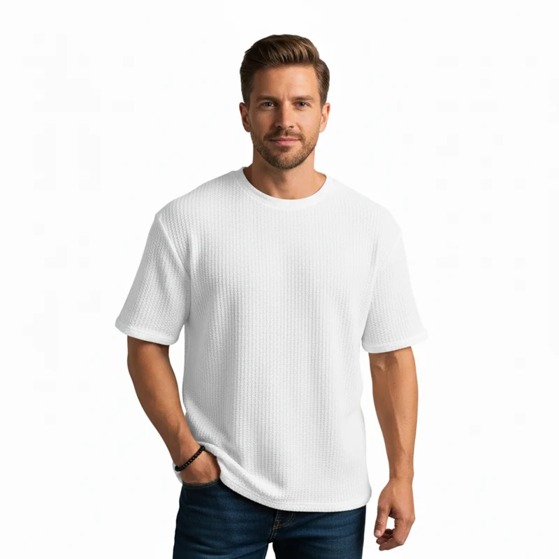 T-shirt Homme en Maille Tricotée Respirante à Manches Courtes et Col Rond
