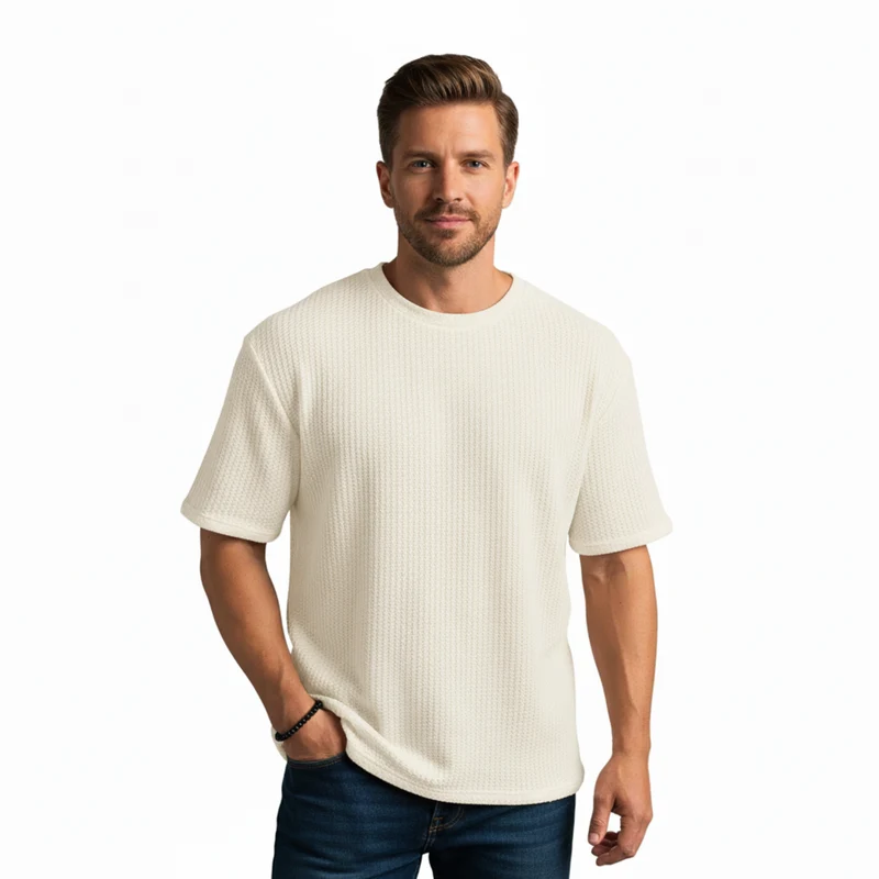 T-shirt Homme en Maille Tricotée Respirante à Manches Courtes et Col Rond