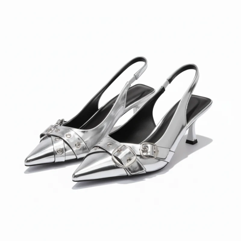 Escarpins Slingback à Bout Pointu en Similicuir avec Détails Métalliques pour Femmes
