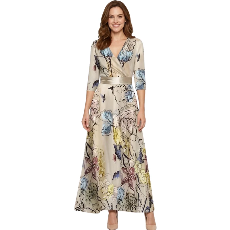 Robe Longue Fleurie à Col en V avec Manches Longues et Coupe Fluide