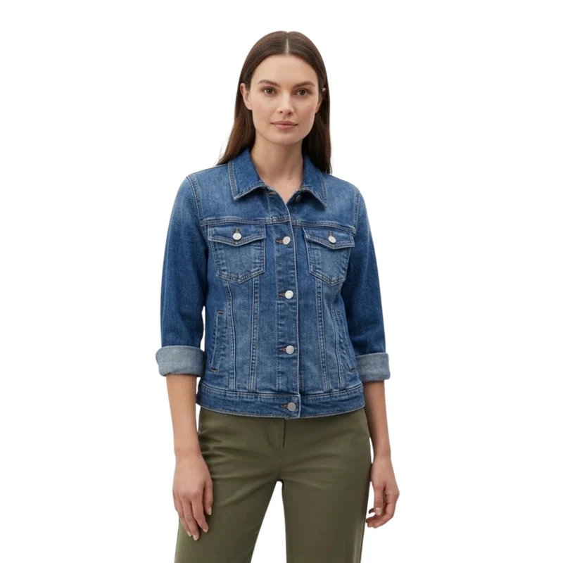 Veste en Jean Courte avec Boutons et Poches de Poitrine pour Femme