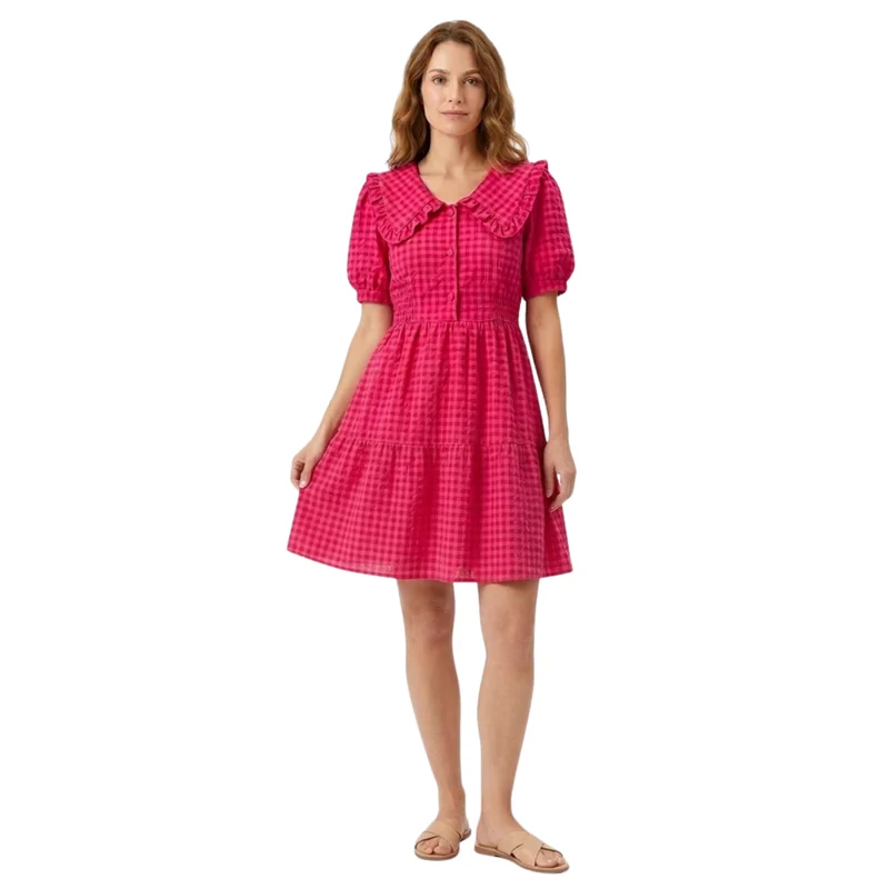Robe Longue à Carreaux avec Col Claudine et Manches Bouffantes pour Femmes