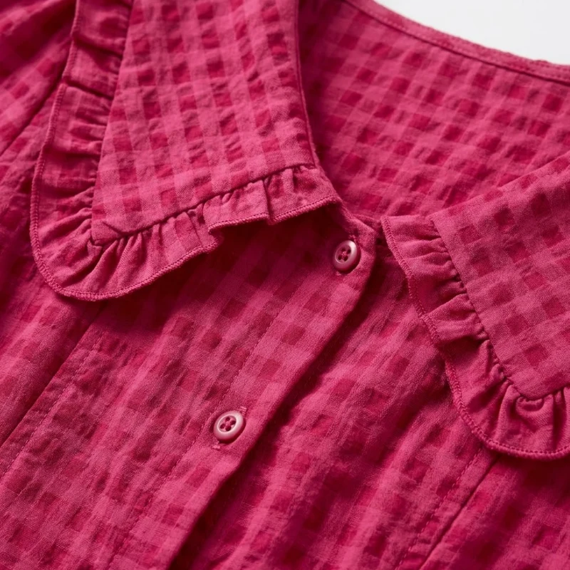 Robe Longue à Carreaux avec Col Claudine et Manches Bouffantes pour Femmes