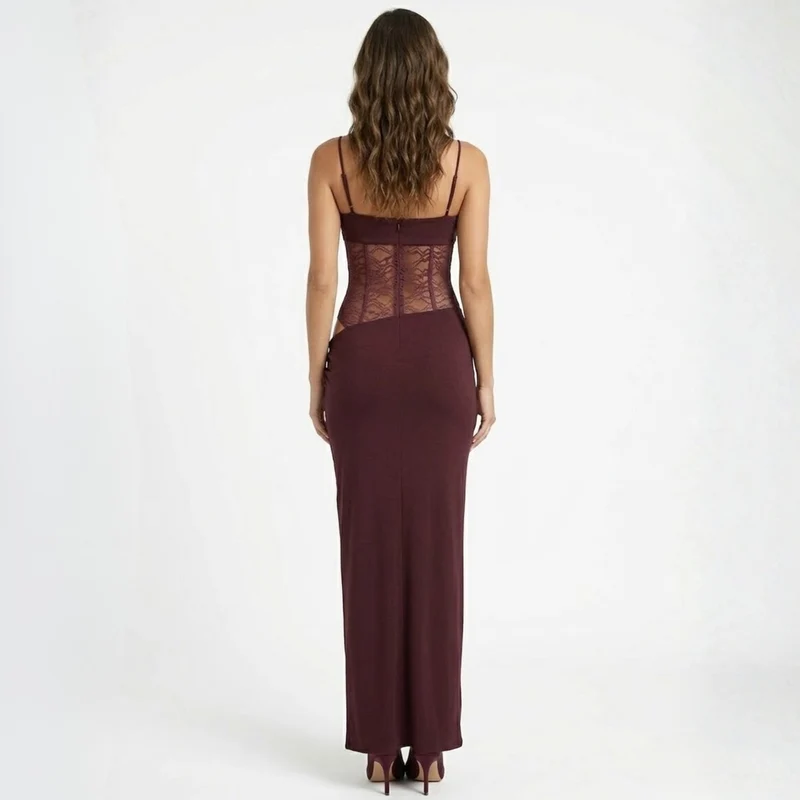 Robe Longue de Soirée Ajustée à Bustier en Dentelle et Bretelles pour Femmes