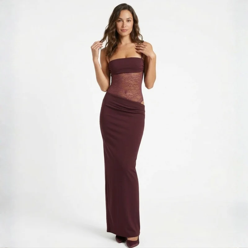 Robe Longue de Soirée Ajustée à Bustier en Dentelle et Bretelles pour Femmes