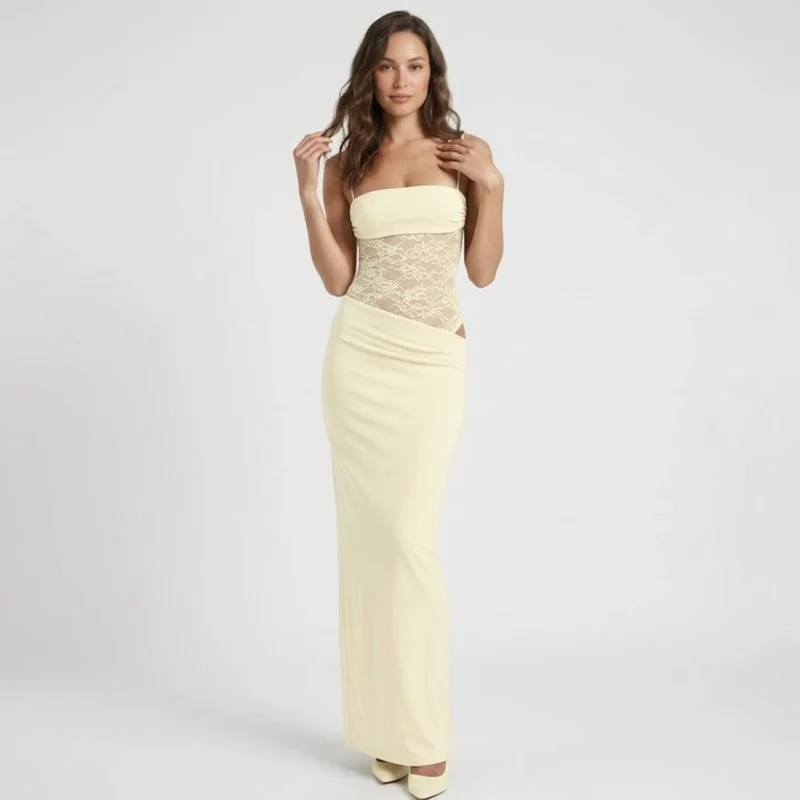 Robe Longue de Soirée Ajustée à Bustier en Dentelle et Bretelles pour Femmes