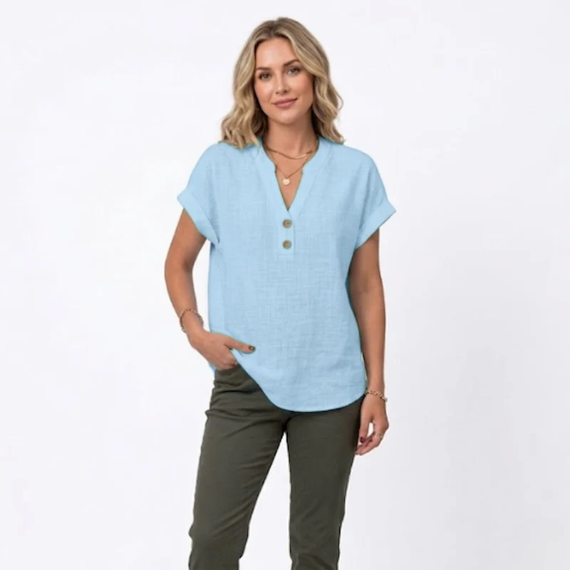 Chemisier en Coton et Lin à Col en V et Manches Courtes pour Femmes