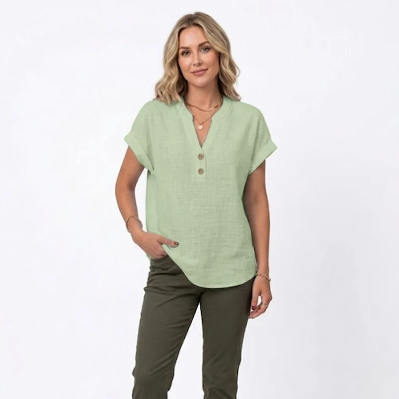 Chemisier en Coton et Lin à Col en V et Manches Courtes pour Femmes