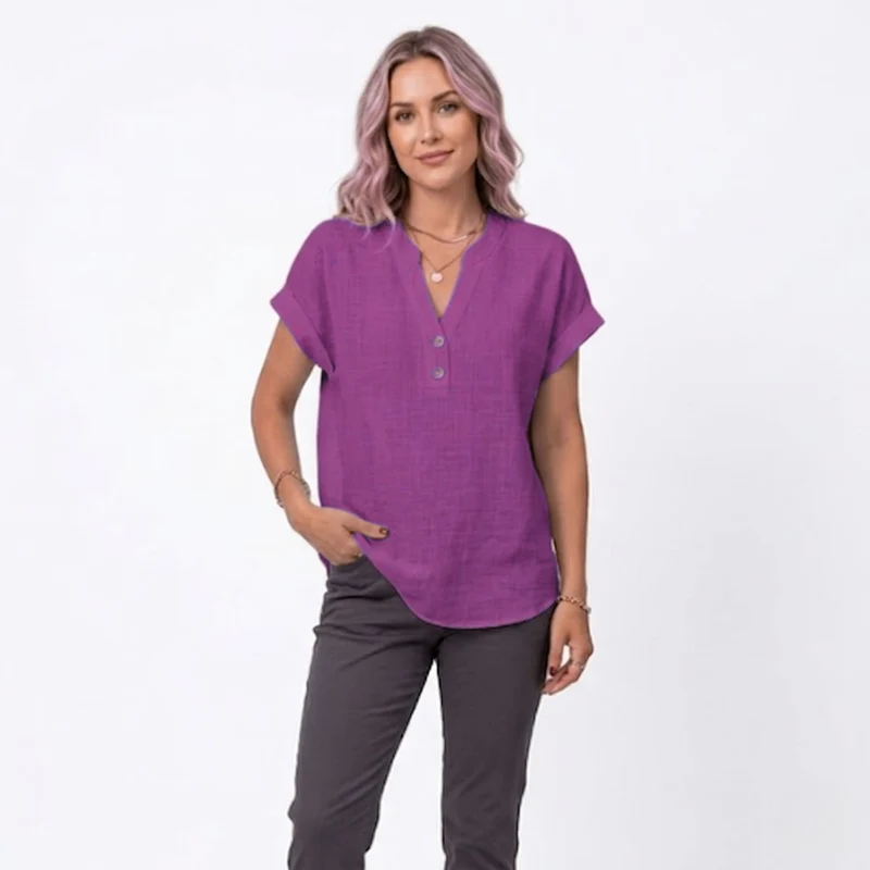 Chemisier en Coton et Lin à Col en V et Manches Courtes pour Femmes