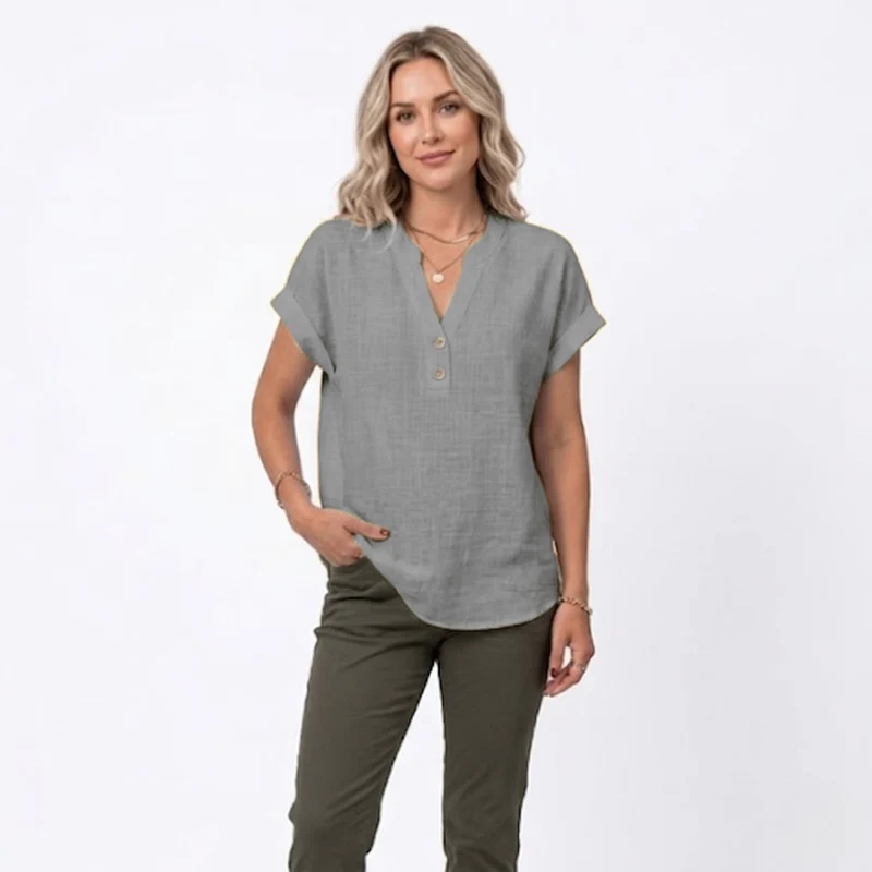Chemisier en Coton et Lin à Col en V et Manches Courtes pour Femmes
