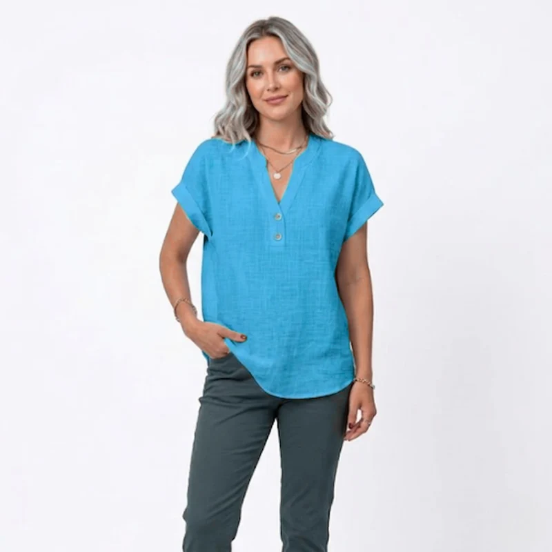 Chemisier en Coton et Lin à Col en V et Manches Courtes pour Femmes
