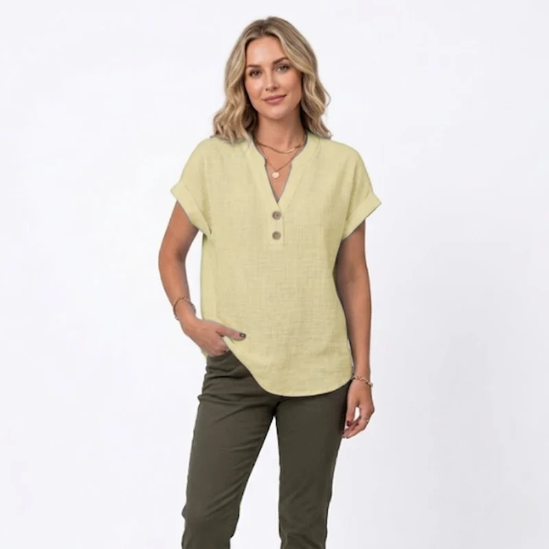 Chemisier en Coton et Lin à Col en V et Manches Courtes pour Femmes