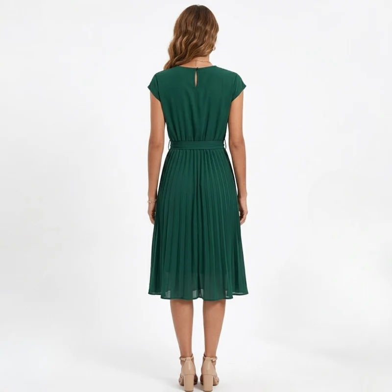 Robe Midi Plissée à Manches Courtes et Taille Haute avec Ceinture pour Femmes