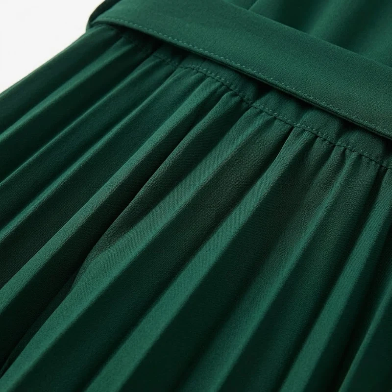 Robe Midi Plissée à Manches Courtes et Taille Haute avec Ceinture pour Femmes