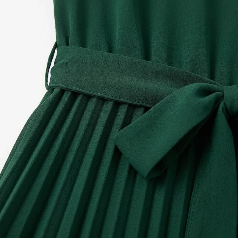 Robe Midi Plissée à Manches Courtes et Taille Haute avec Ceinture pour Femmes