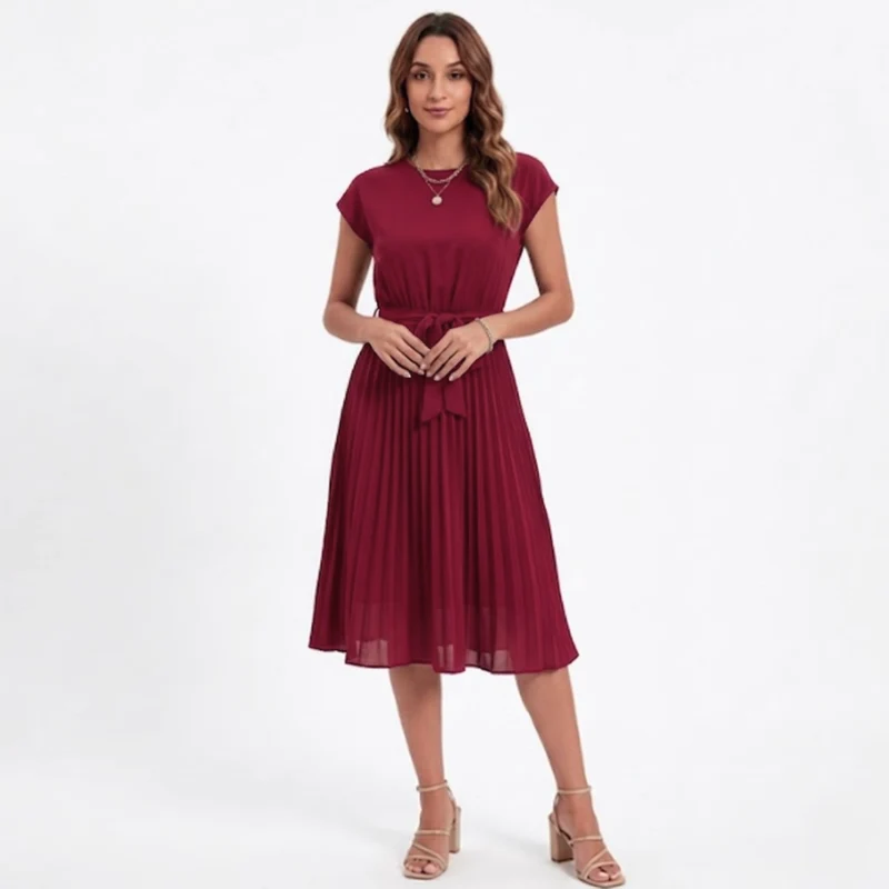 Robe Midi Plissée à Manches Courtes et Taille Haute avec Ceinture pour Femmes