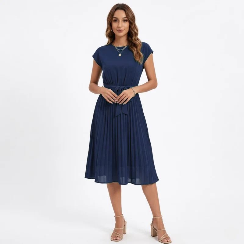 Robe Midi Plissée à Manches Courtes et Taille Haute avec Ceinture pour Femmes