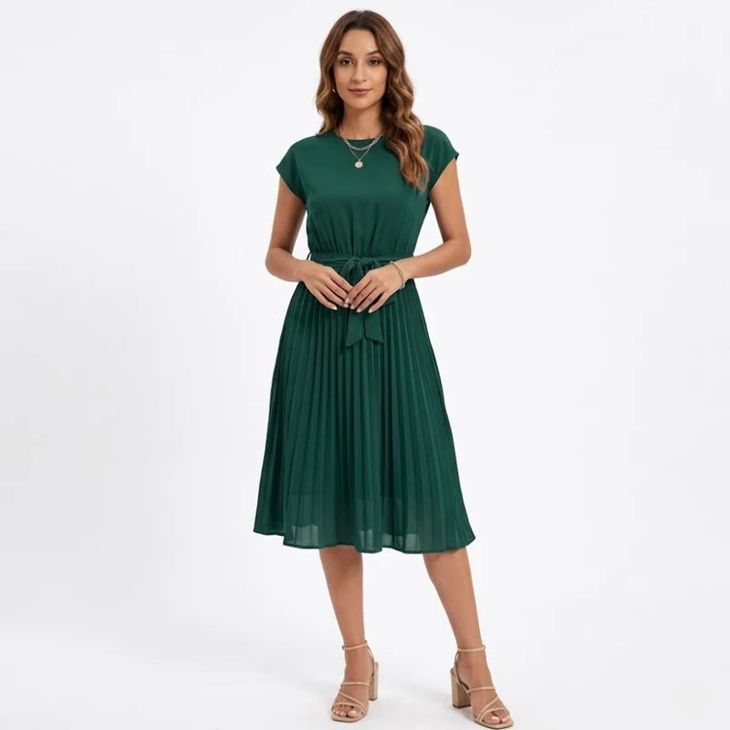 Robe Midi Plissée à Manches Courtes et Taille Haute avec Ceinture pour Femmes