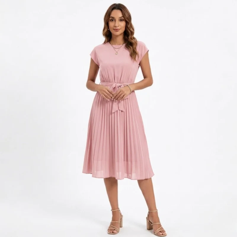 Robe Midi Plissée à Manches Courtes et Taille Haute avec Ceinture pour Femmes