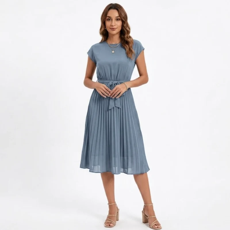 Robe Midi Plissée à Manches Courtes et Taille Haute avec Ceinture pour Femmes