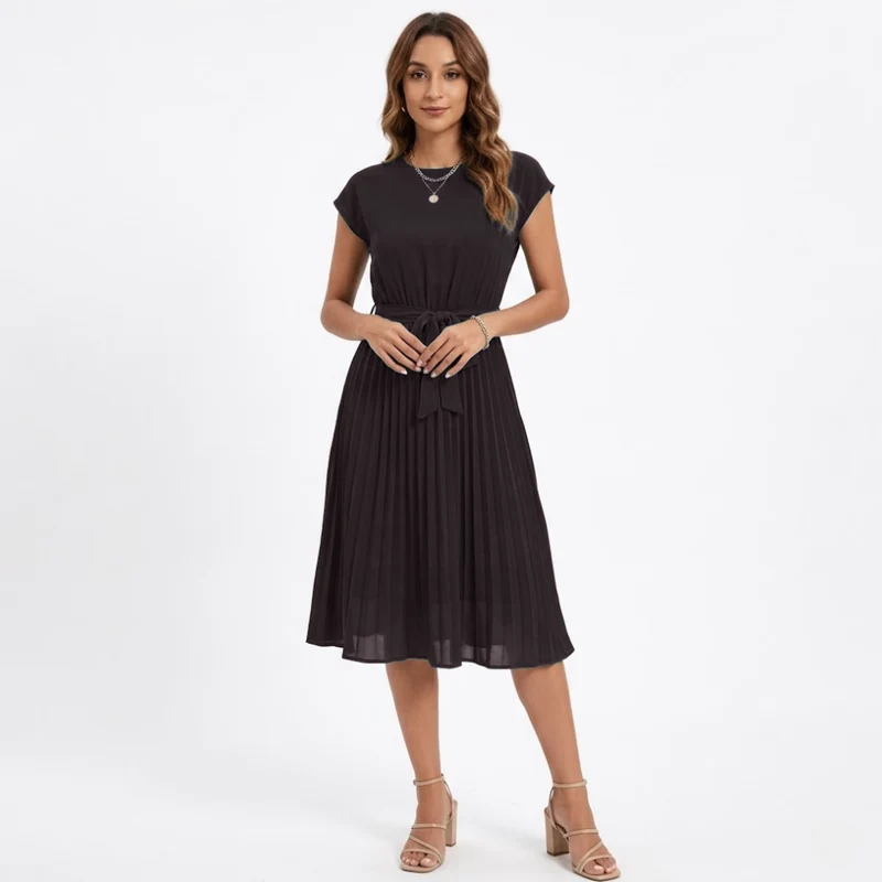 Robe Midi Plissée à Manches Courtes et Taille Haute avec Ceinture pour Femmes