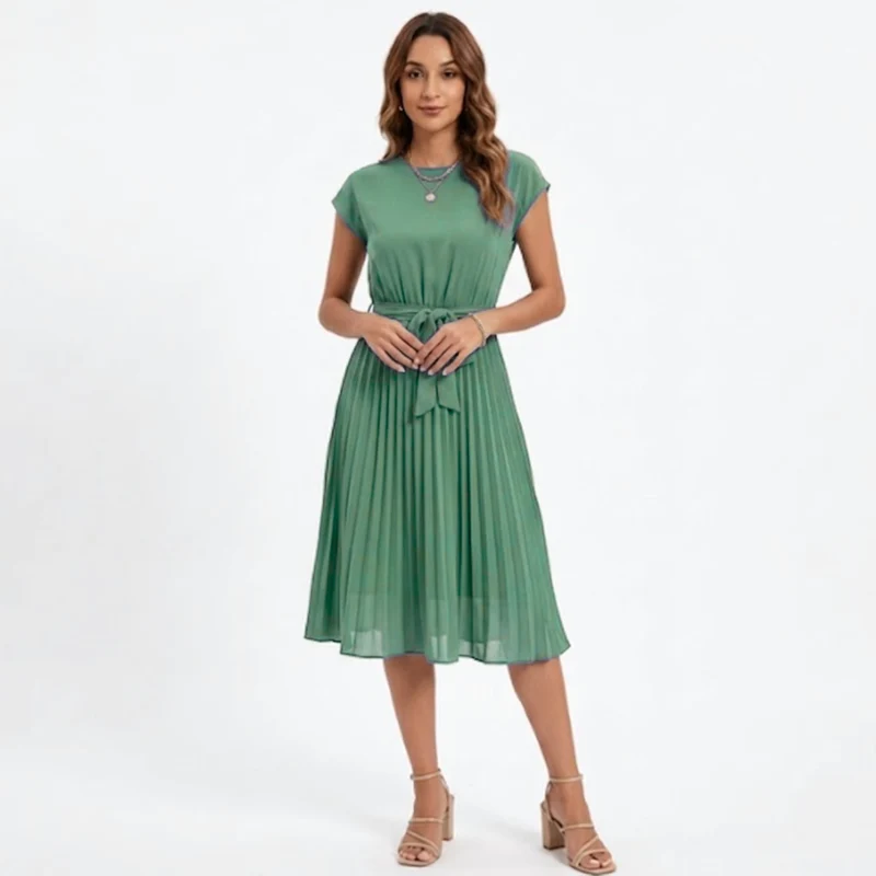 Robe Midi Plissée à Manches Courtes et Taille Haute avec Ceinture pour Femmes