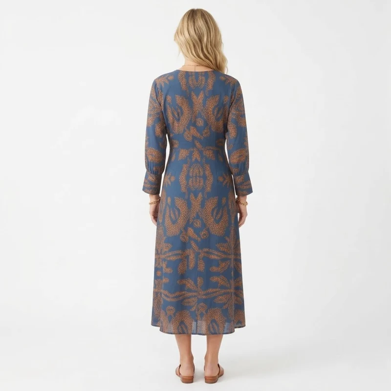 Robe Midi à Manches Longues avec Noeud Frontal et Imprimé pour Femmes
